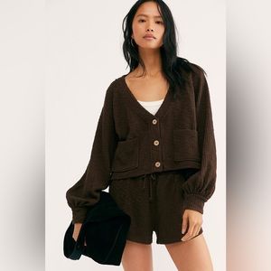 Free People Beach Oasis Set Black Crop Cardigan Sweater Shorts 2 Piece Set